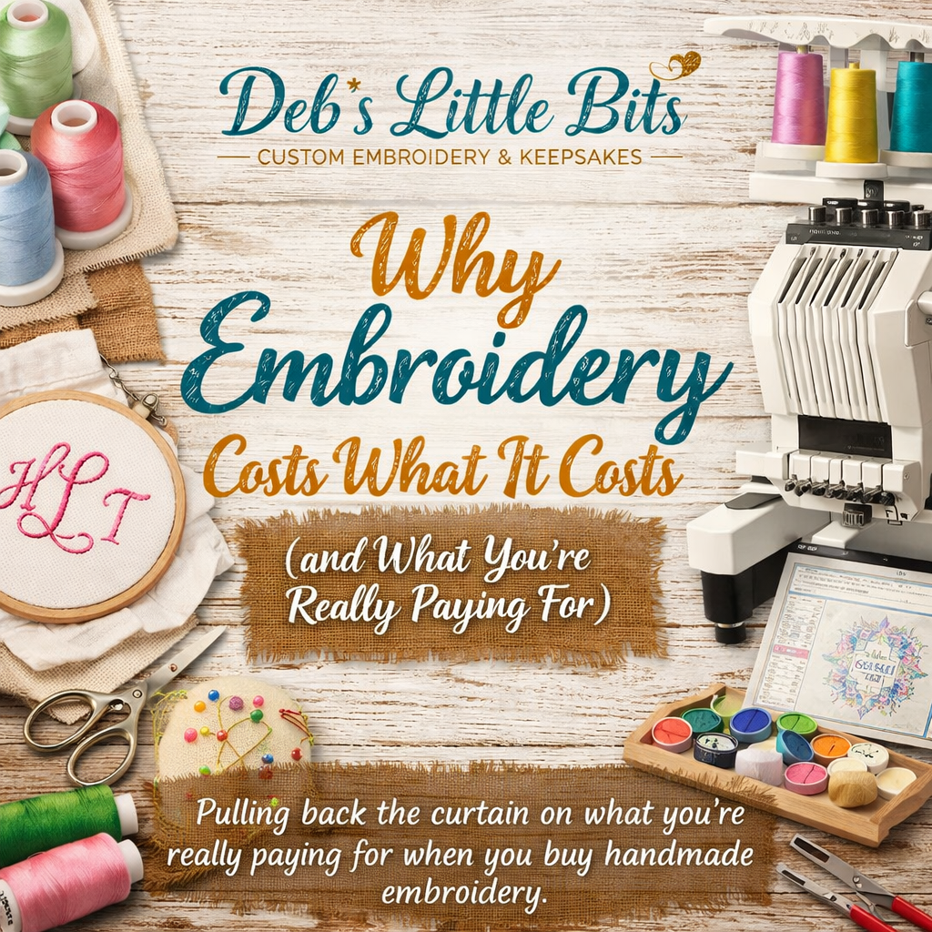 Behind the scenes of custom embroidery showing tools and thread at Deb’s Little Bits, explaining why embroidery costs what it costs