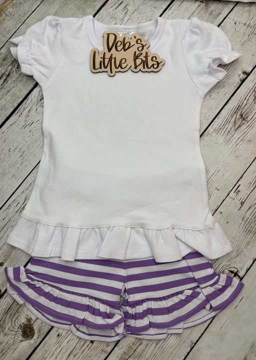 3T Toddler Set (White Ruffled Shirt and Lavender Stripe Shorts)