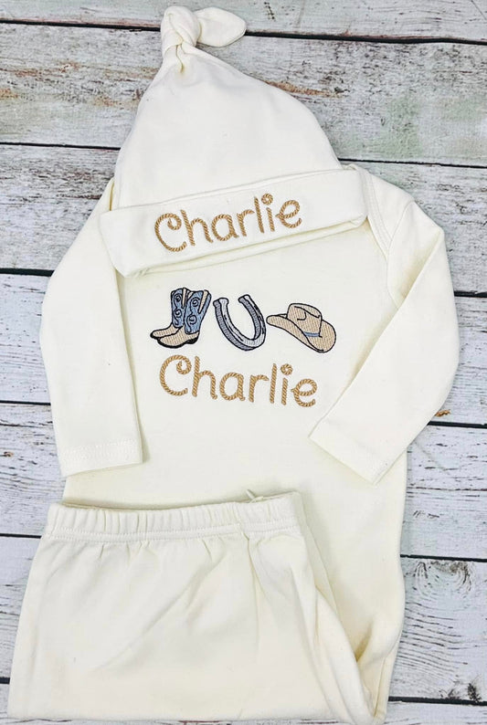 Little Cowboy Dreams – Ivory Side-Zip Infant Gown & Knotted Hat Set