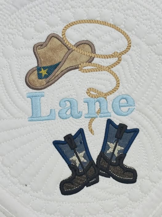 Personalized Western Cowboy Baby Quilt – White Keepsake Quilt with Cowboy Hat & Lasso