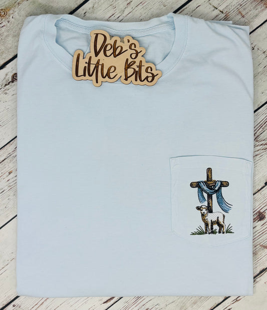 Lamb of God Embroidered Pocket Tee – Christian Easter Shirt