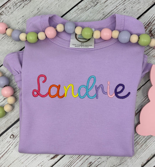 Personalized Rainbow Name Ruffle Shirt for Girls | Bright Script Embroidered Custom Tee