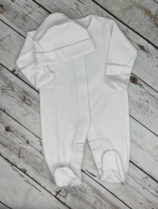 Personalized Baby Girl Footed Romper, Pink Picot Trimmed, Pima Cotton