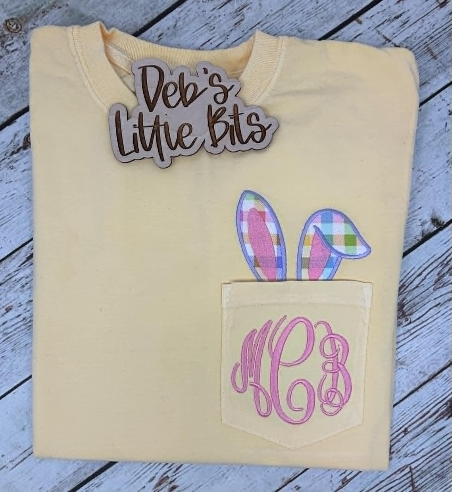 Pastel Bunny Ears Pocket Tee – Easter Appliqué Shirt on Comfort Colors