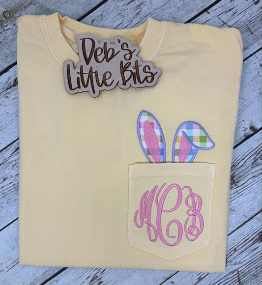 Pastel Bunny Ears Pocket Tee – Easter Appliqué Shirt on Comfort Colors